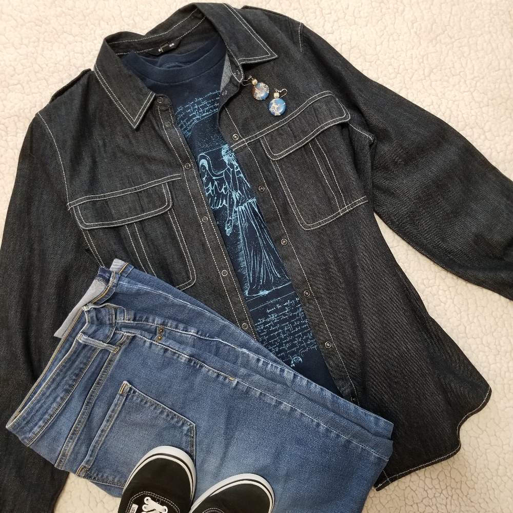 Express Top Stitched Dark Gray Denim Shirt Shacket Size L